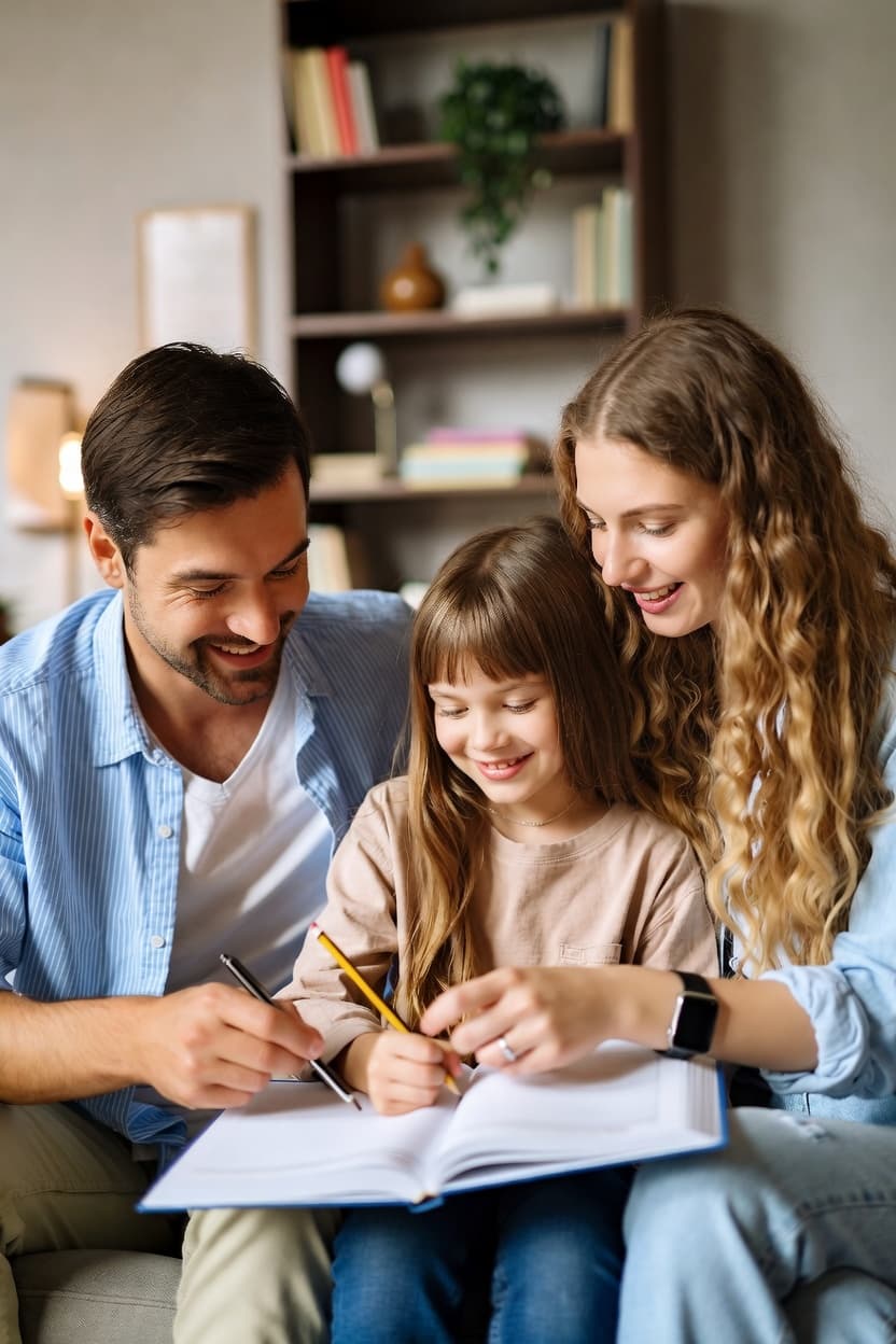 Happy family using the Chorlio chore app together at home