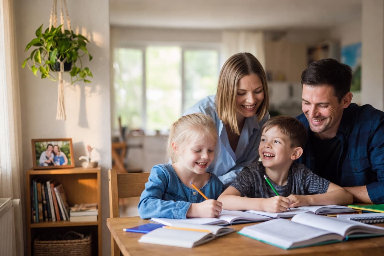 Happy family using the Chorlio chore app together at home